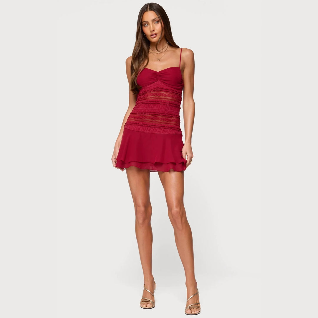 Damen Mini-Kleid mit gerafftem Oberteil und schwingendem Rock Drune