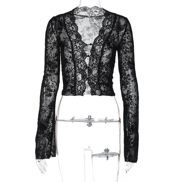 Damen Transparente Spitzenbluse mit Leopardenmuster Drune