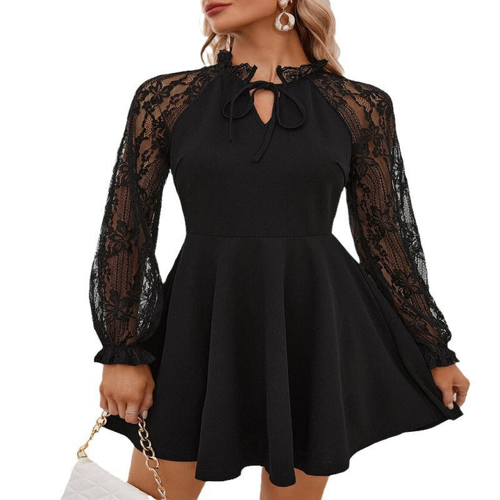 Damen nan elegantes A-Linien Cocktailkleid mit Spitzenärmeln und Stehkragen Drune