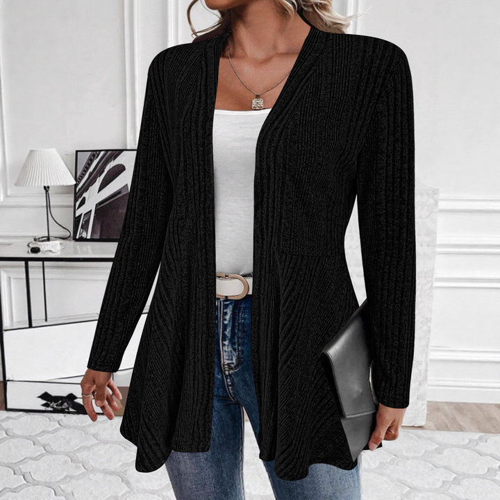 Damen lange Strickjacke mit modernem Rippdesign und Taillierung Drune