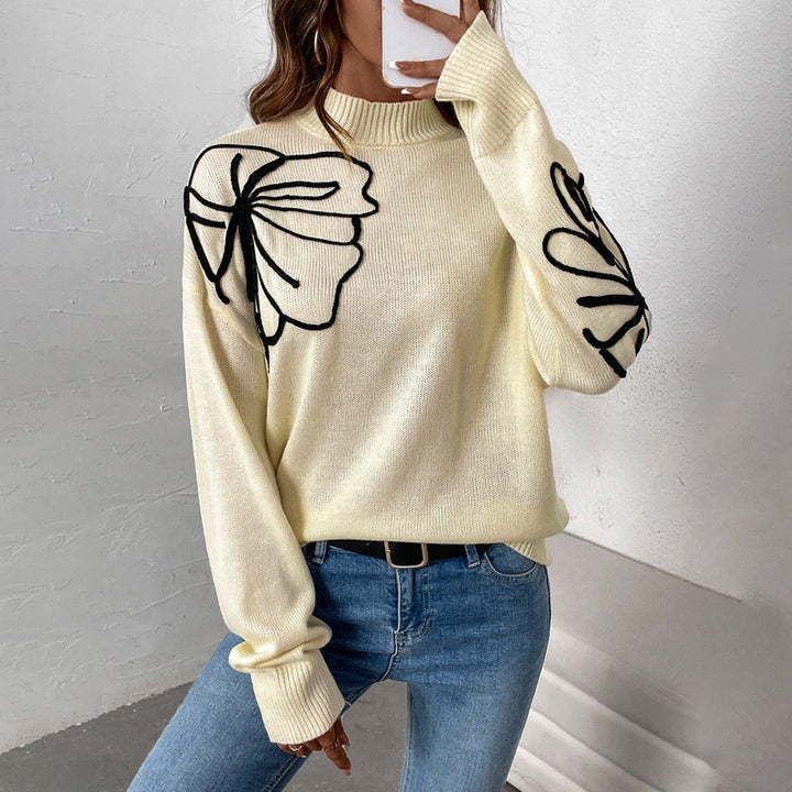 Damen Strickpullover mit floralem Design und hohem Kragen Drune