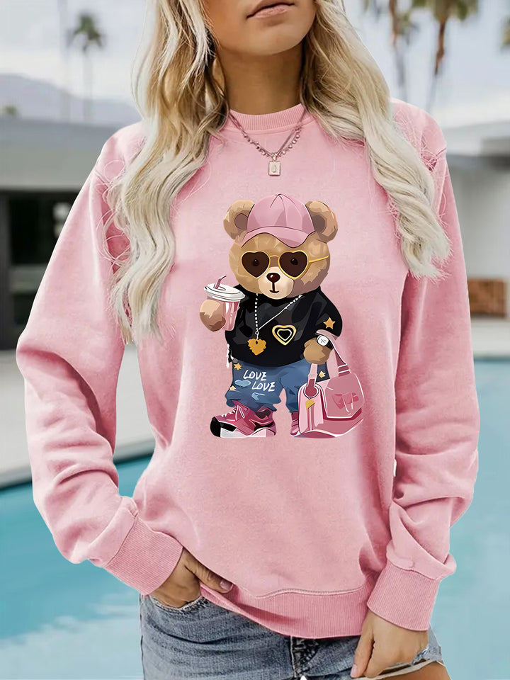 Damen Sweatshirt mit einzigartigem Cartoon-Bären-Motiv und modischem Schriftzug Drune