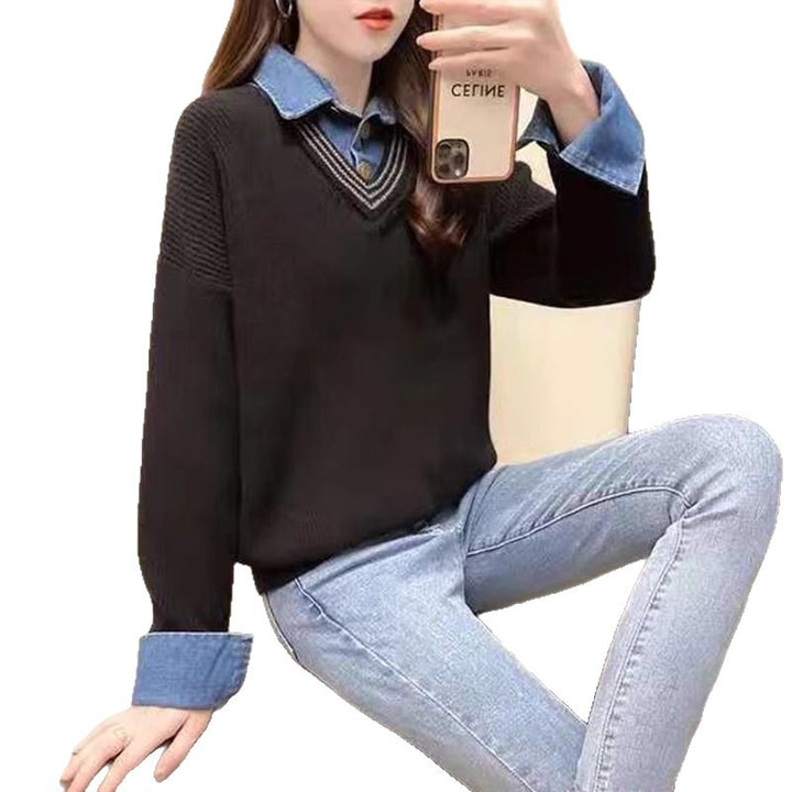 Damen lässiger Strickpullover mit schickem Hemdkragen Drune