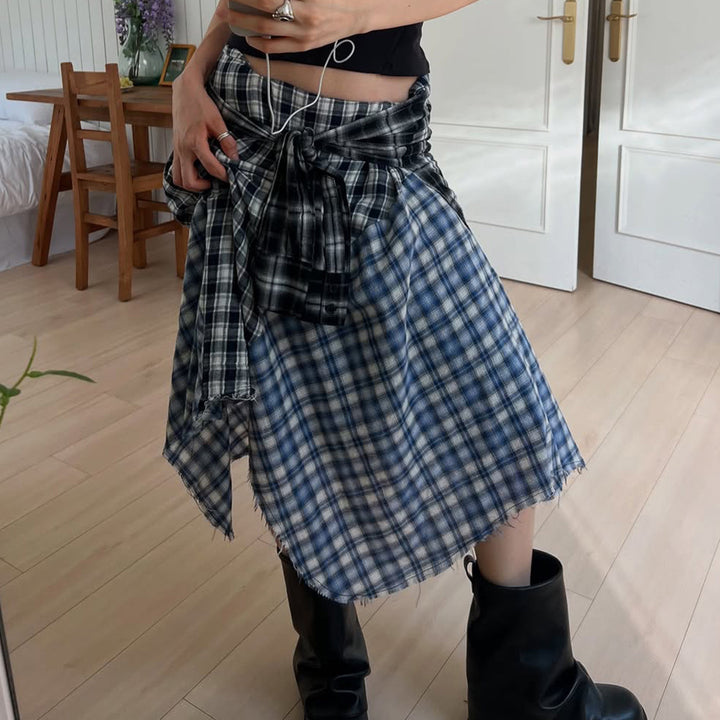 Damen asymmetrischer karierter Rock mit Bindegürtel Drune