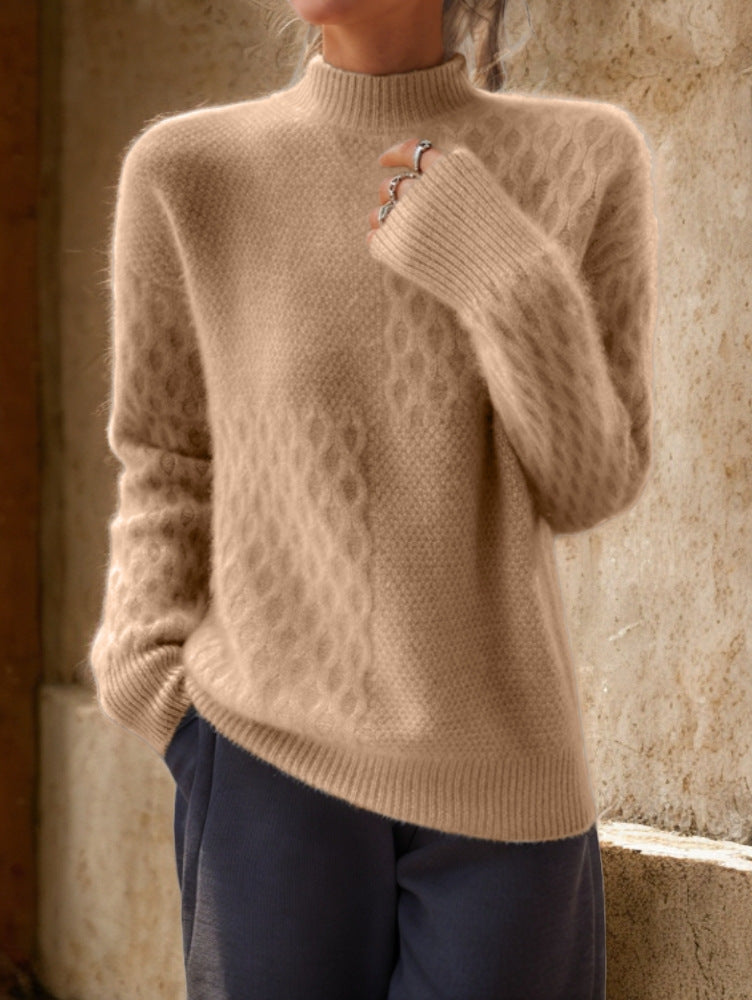 Damen nan lässiger Mohair-Mix Feinstrickpullover mit Strukturmix, Stehkragen und überschnittenen Schultern Drune