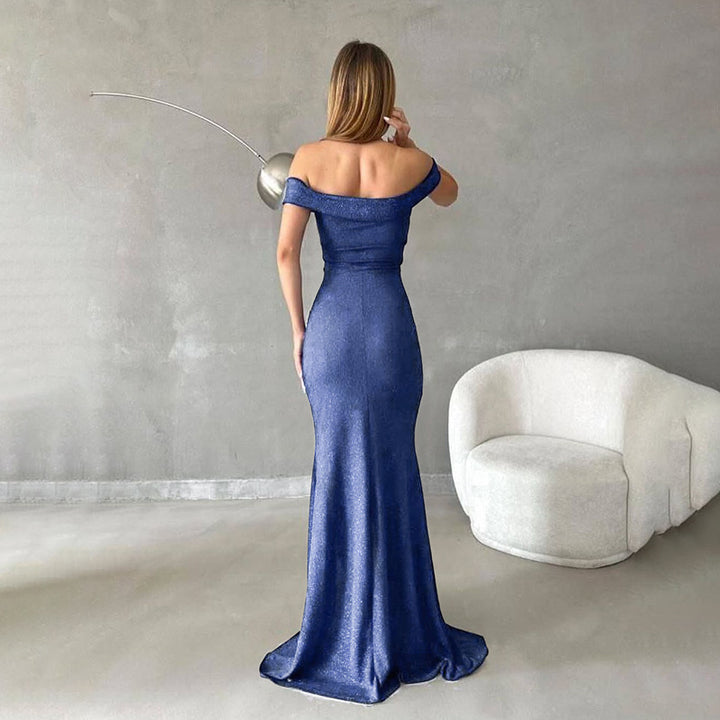 Damen schulterfreies Maxikleid mit elegantem Schlitz und glitzerndem Stoff Drune