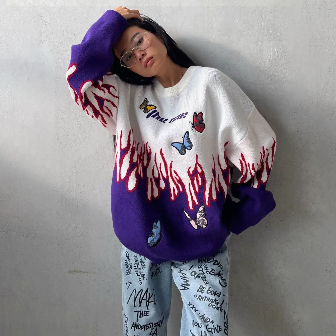 Damen Grobstrickpullover mit einzigartigem Flammen- und Schmetterlingsdesign Drune