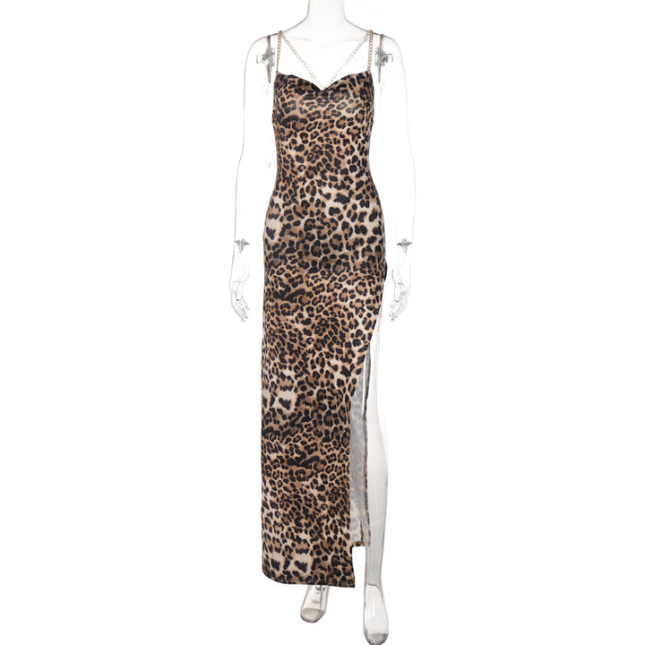 Damen Maxikleid mit verführerischem Leopardenmuster und tiefem Schlitz Drune