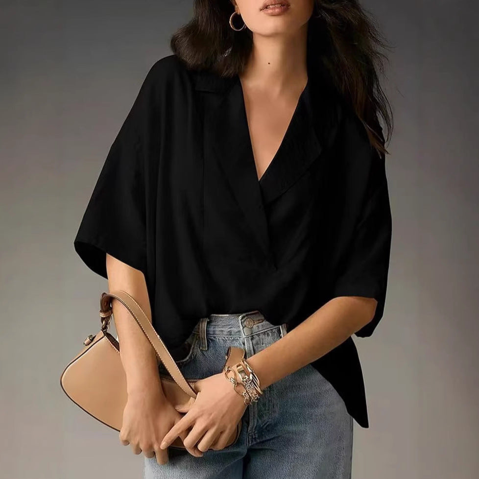 Damen lockeres Oversize-Blusenoberteil mit elegantem Kragen und V-Ausschnitt Drune