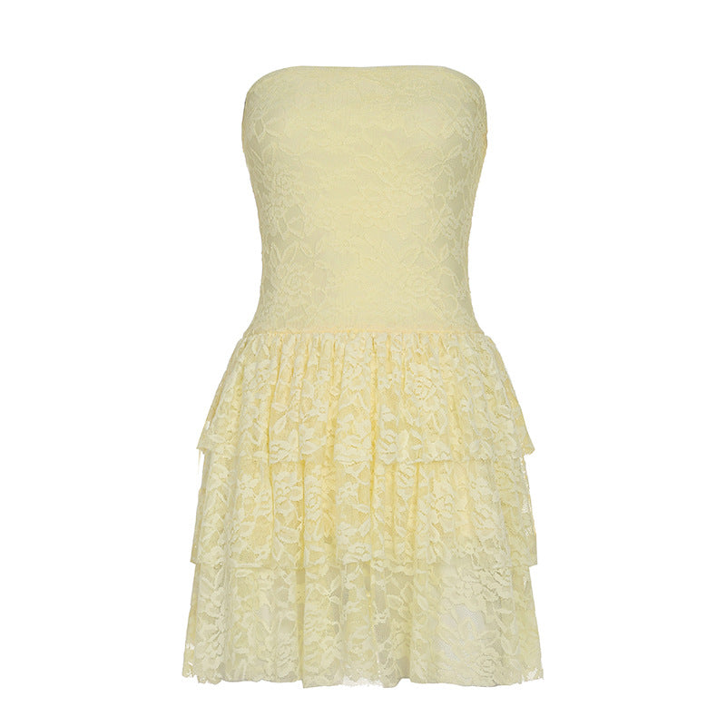 Damen Spitzenkleid mit voluminösem Rock und trägerlosem Design Drune
