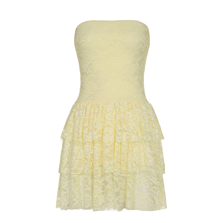 Damen Spitzenkleid mit voluminösem Rock und trägerlosem Design Drune