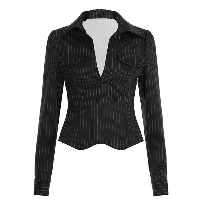 Damen nan tailliertes Langarmshirt mit Twist‑V‑Ausschnitt, Hemdkragen und Nadelstreifen-Optik Drune