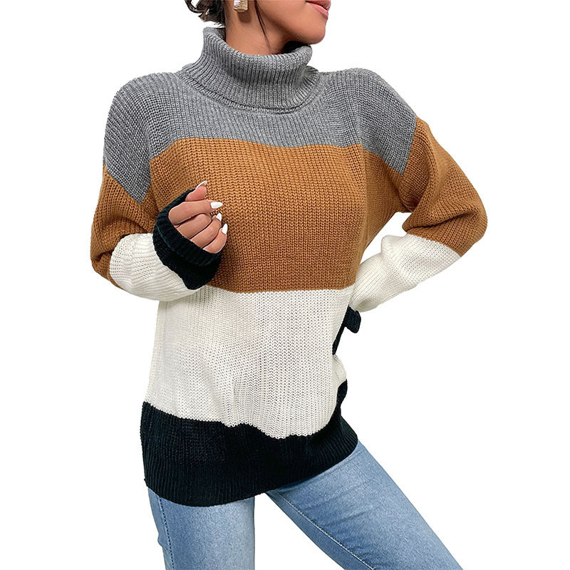 Damen Strickpullover mit hohem Kragen und trendigem Farbblockdesign Drune