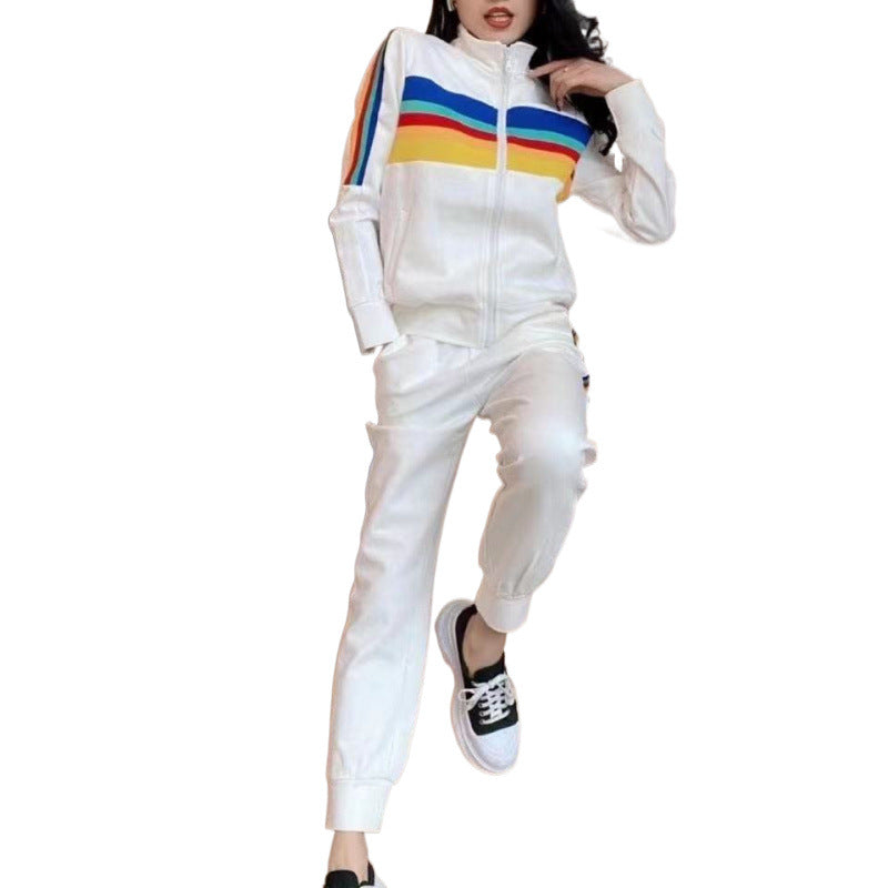 Damen Sportliches Freizeit-Set mit hohem Kragen und bunten Streifen Drune