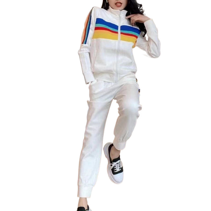 Damen Sportliches Freizeit-Set mit hohem Kragen und bunten Streifen Drune