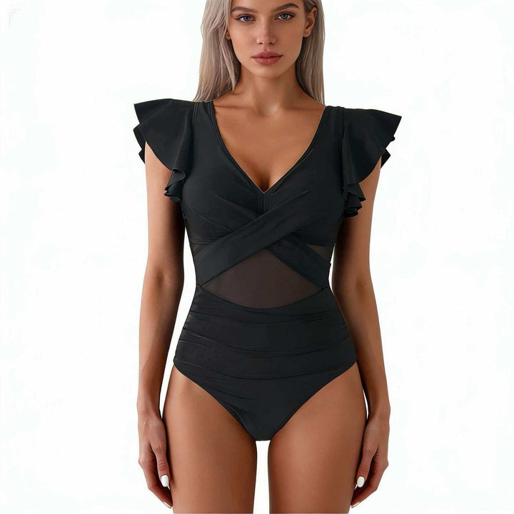 Damen Eleganter Badeanzug mit raffinierten Rüschendetails und transparenter Einsätzen Drune