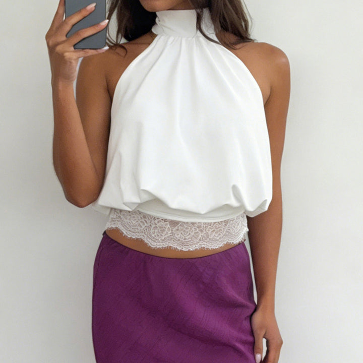 Damen elegantes Spaghetti-Trägertop mit transparentem Spitzenbesatz Drune