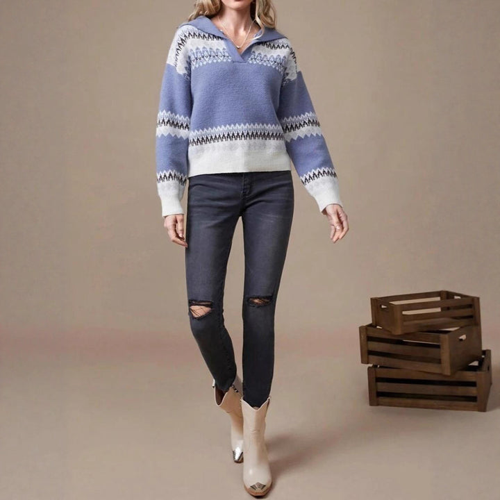 Damen kuscheliger Pullover mit Norweger-Muster und modernem Stehkragen Drune