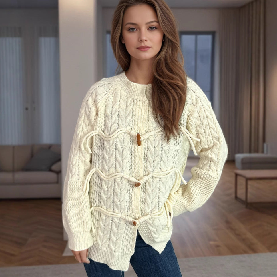 Damen Strickjacke mit innovativem Bindeband und Knopfdetails Drune