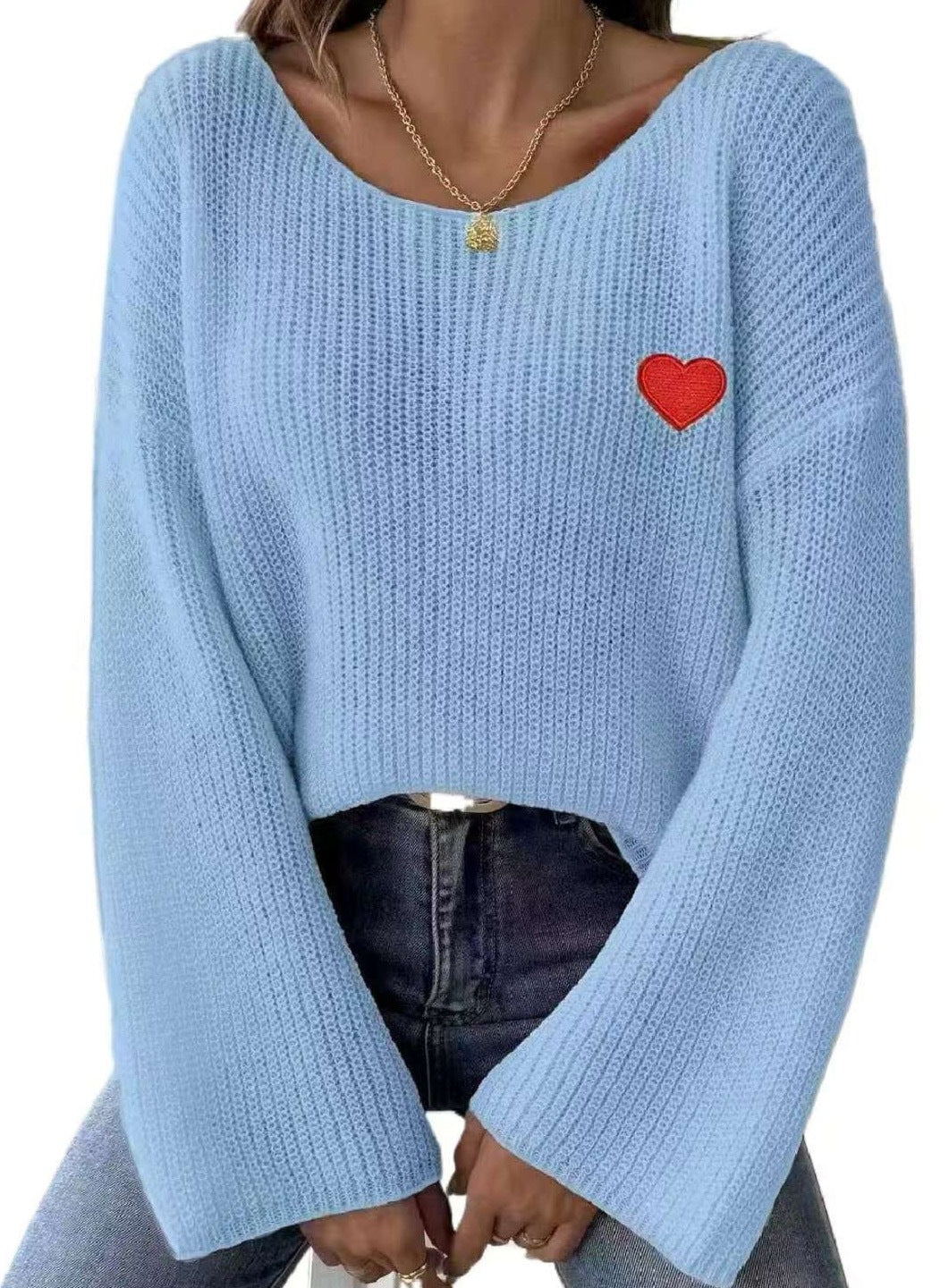 Damen Lockere Strickpullover mit Herzapplikation Drune