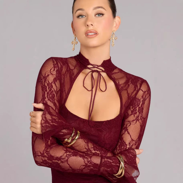 Damen Spitzenminikleid mit hohem Kragen und raffinierten Cut-Out-Details Drune
