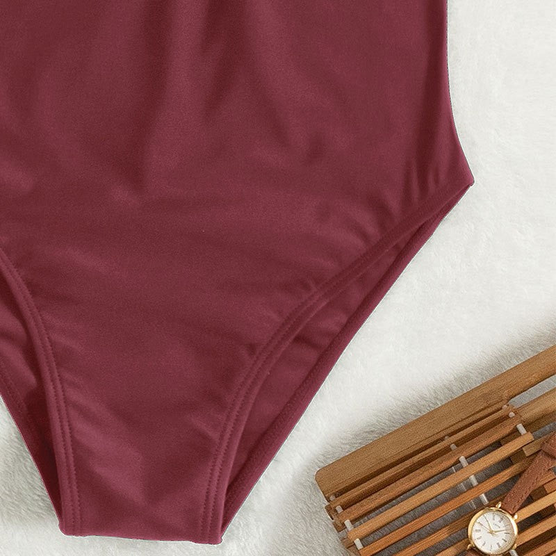 Damen Einteiler Badeanzug mit eleganten Kurzärmel und tiefem V-Ausschnitt Drune