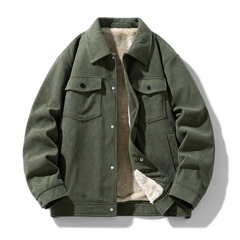 Männliche -Cord-Jacke mit Kunstschafsleder-Futter und Druckknopfverschluss Drune