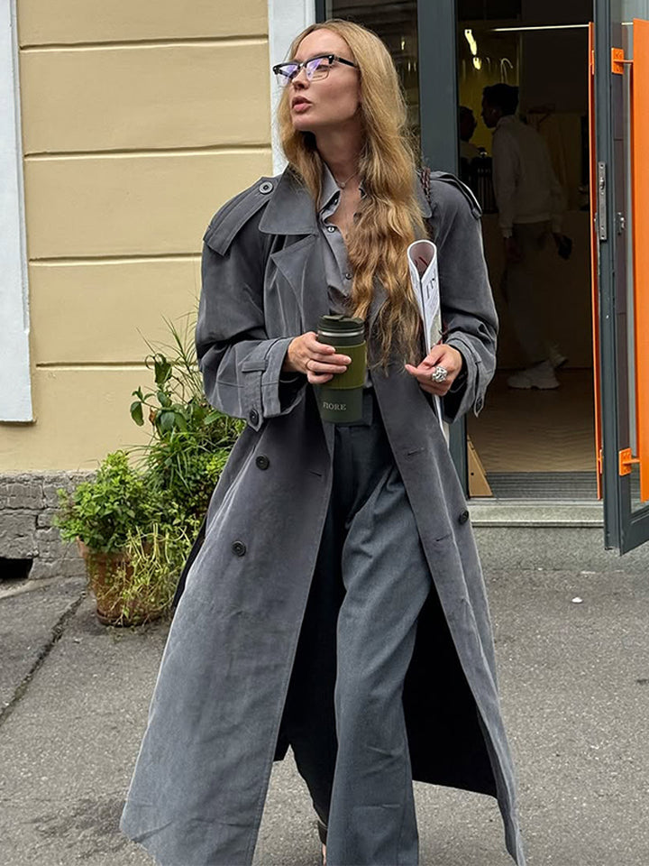 Damen eleganter Long-Trenchcoat mit strukturiertem Design und breitem Revers Drune