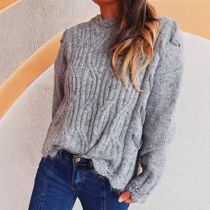 Damen Grobstrickpullover mit modischem Zopfmuster und einzigartigen Schneeflocken-Applikationen Drune