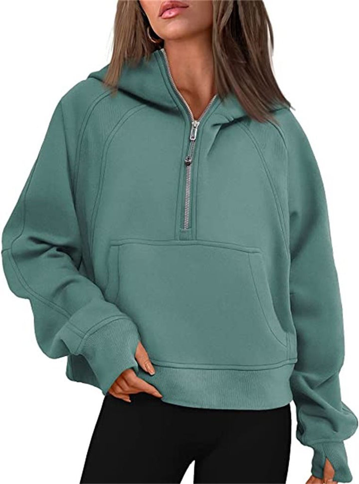 Damen Kapuzenpullover mit halbem Reißverschluss und praktischer Kängurutasche Drune