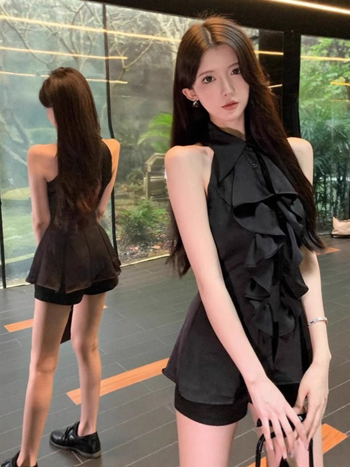 Damen Chiffon Kleid mit voluminösen Rüschendetails und elegantem Stehkragen Drune