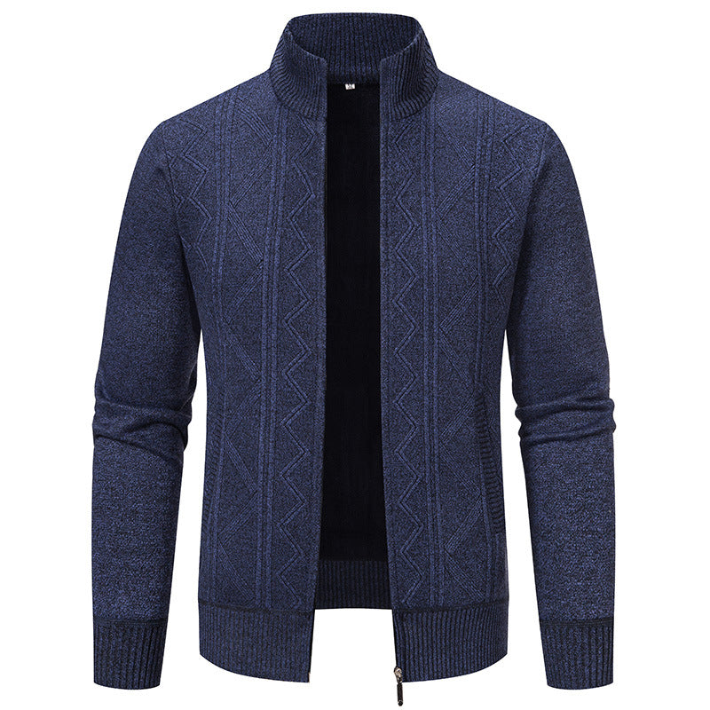 Herren elegante Strickjacke mit strukturiertem Zopfmuster und hohem Kragen Drune