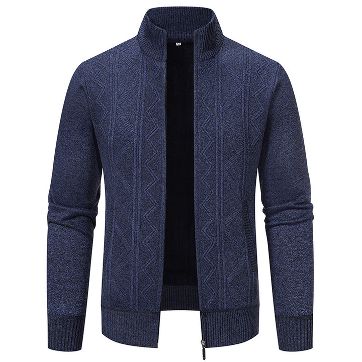 Herren elegante Strickjacke mit strukturiertem Zopfmuster und hohem Kragen Drune