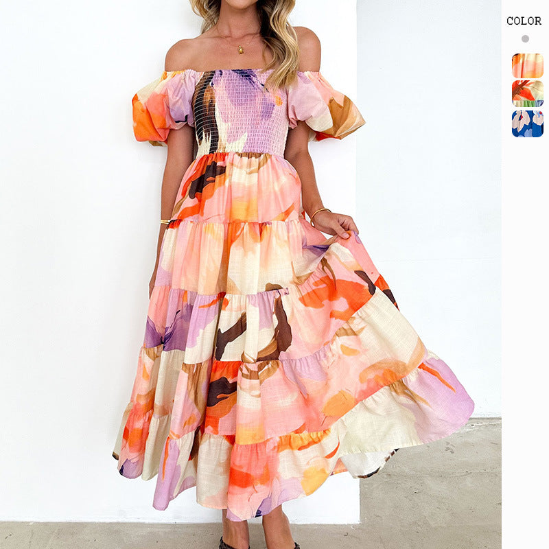 Damen Maxikleid mit Puffärmeln und floralem Smocking Drune
