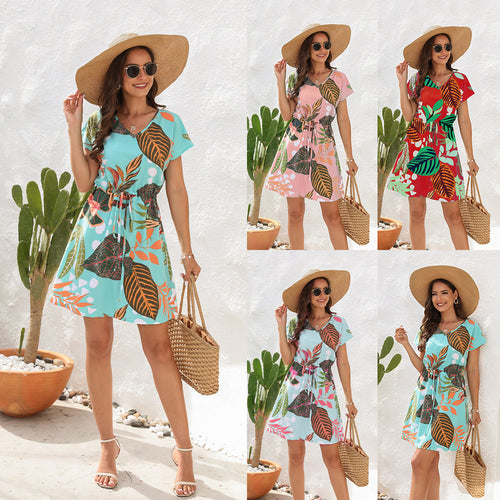 Damen Sommerliches Freizeitkleid mit floralem Muster und Taillengürtel Drune
