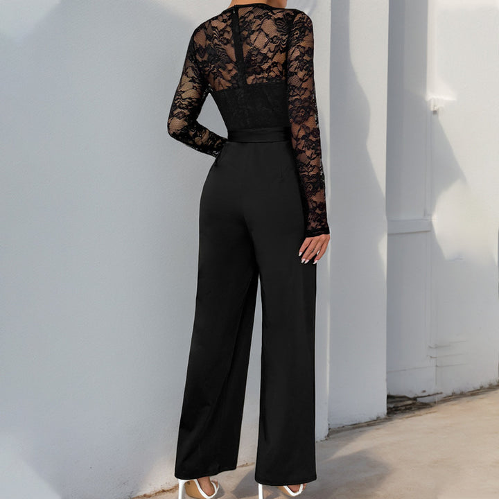 Damen eleganter Jumpsuit mit Spitzenoberteil und taillierbarem Gürtel Drune