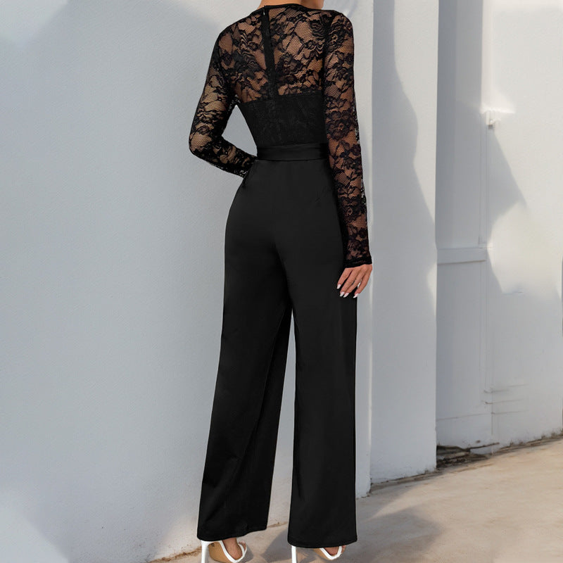 Damen Jumpsuit mit elegantem Spitzenoberteil und taillierbarem Gürtel Drune