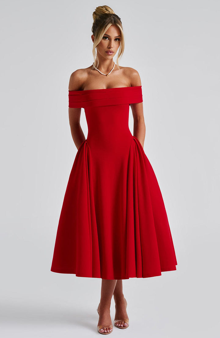 Damen elegantes Abendkleid mit schulterfreiem Design und voluminösem Rock Drune