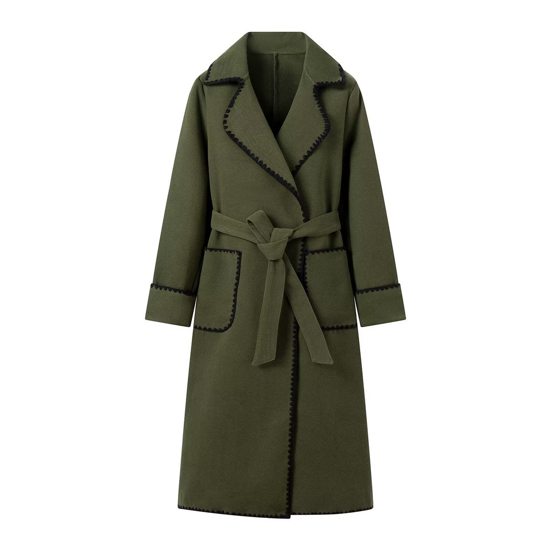 Damen eleganter Trenchcoat mit kontrastierender Bordüre und Taillengürtel Drune