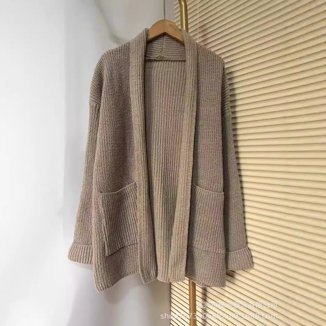 Damen Grobstrick Cardigan mit eleganten Revers und Taillengürtel Drune