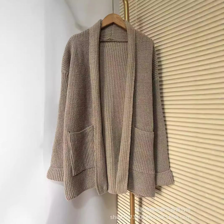 Damen Grobstrick Cardigan mit eleganten Revers und Taillengürtel Drune