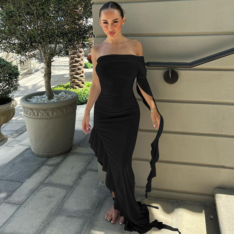 Damen elegantes Wickelkleid mit asymmetrischem Rüschendesign und dekorativem Oberteil Drune