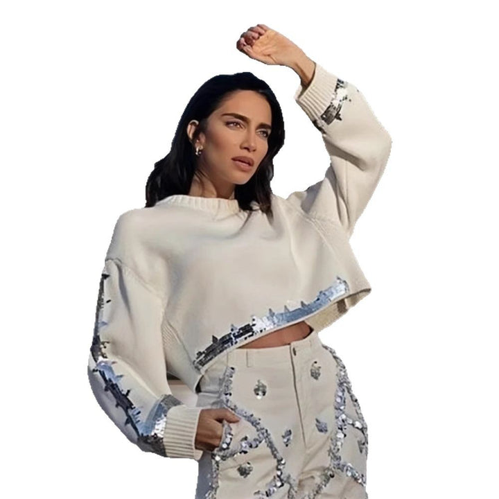 Damen modischer cropped Pullover mit Pailletten Drune
