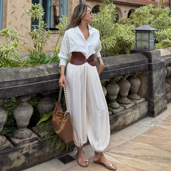 Damen voluminöser Jumpsuit mit eleganter Knopfbluse und Taillengürtel Drune