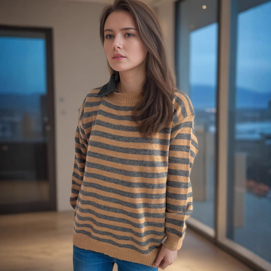 Damen lässiger Pullover mit strukturellem Streifenmuster und modischem Kragen Drune