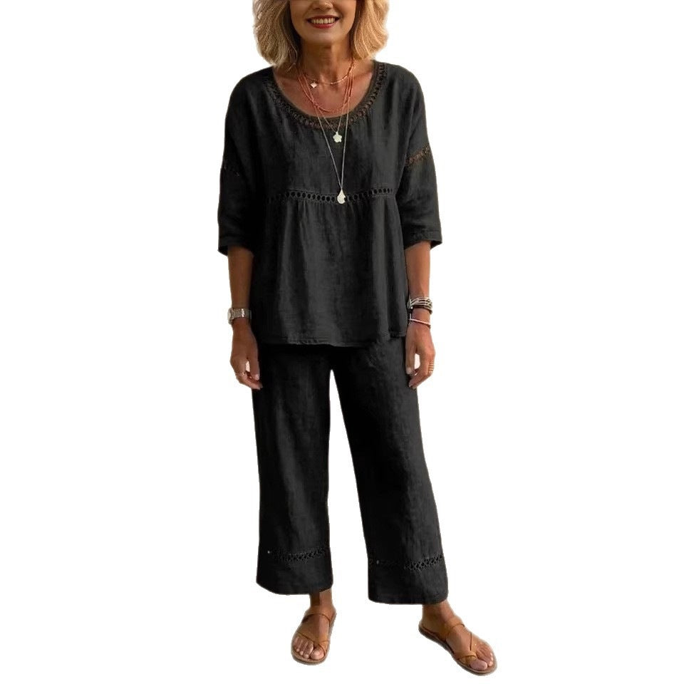 Damen Kompletter Loungewear-Anzug aus Leinen mit luftiger Passform und Spitzenakzenten Drune
