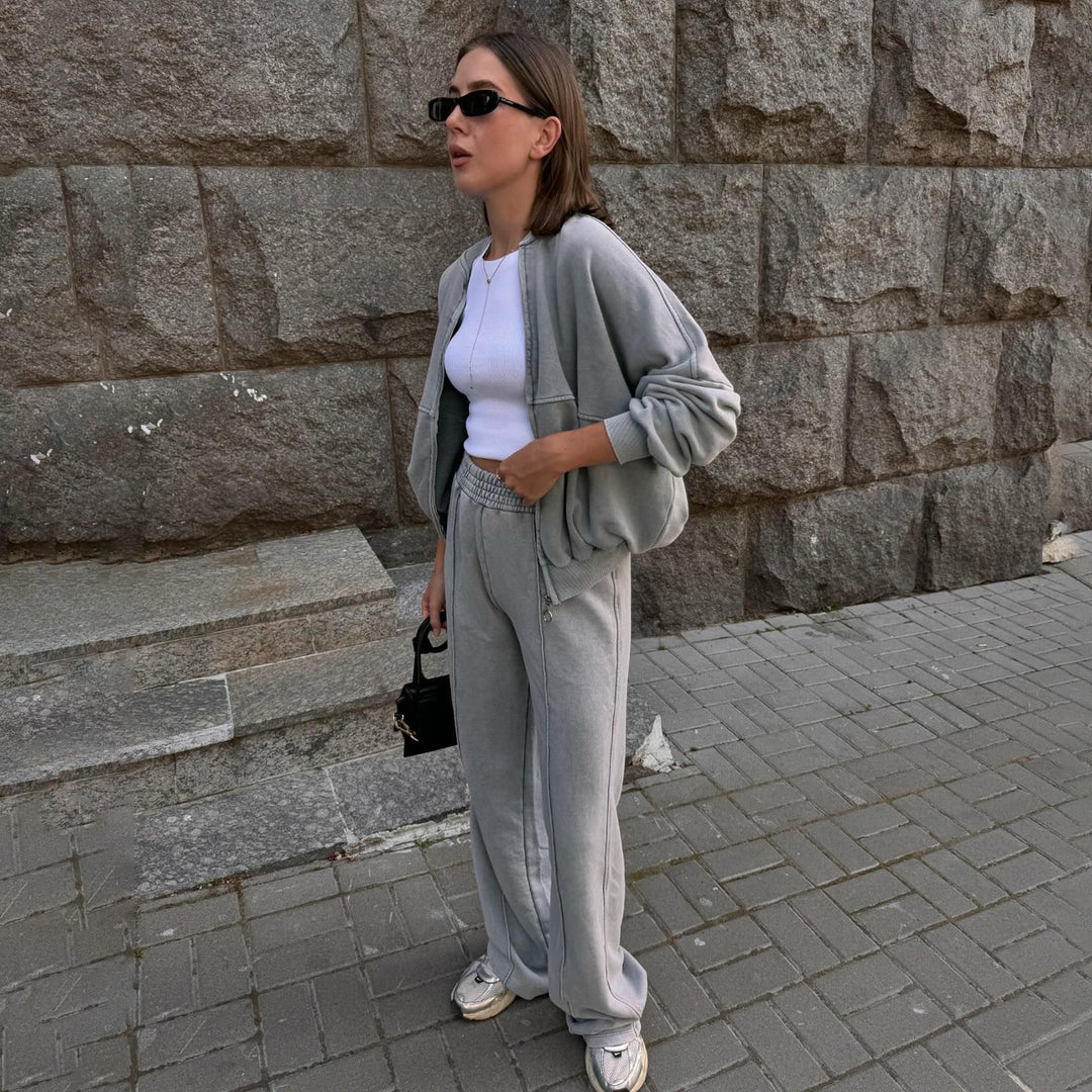 Damen lässiger Zweiteiler mit sweatshirtähnlichem Oberteil und weitem Hosenansatz Drune