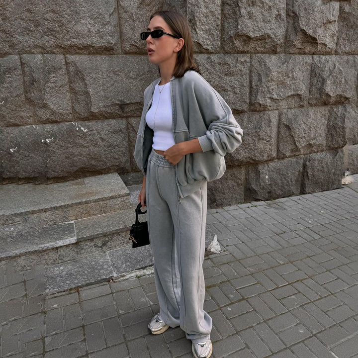 Damen lässiger Zweiteiler mit sweatshirtähnlichem Oberteil und weitem Hosenansatz Drune