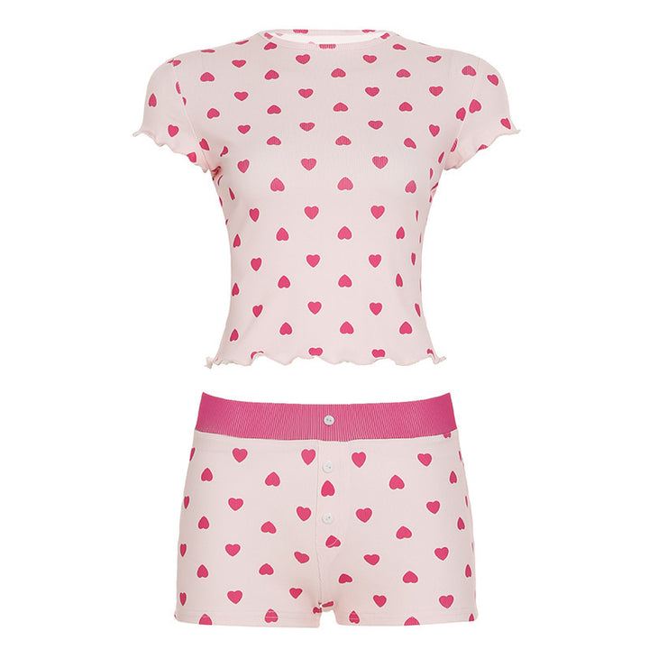Damen Freizeitpyjama Set mit herzförmigem Design und elastischem Bund Drune
