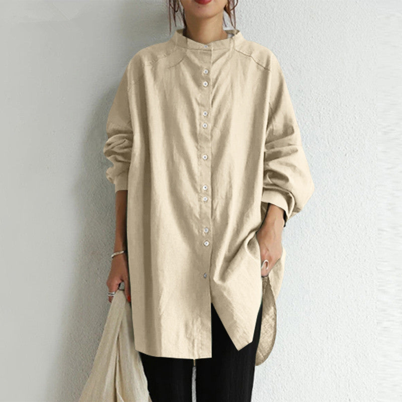 Damen nan lässige Oversize-Tunika-Hemdbluse mit Stehkragen, durchgehender Knopfleiste und seitlichen Schlitzen Drune